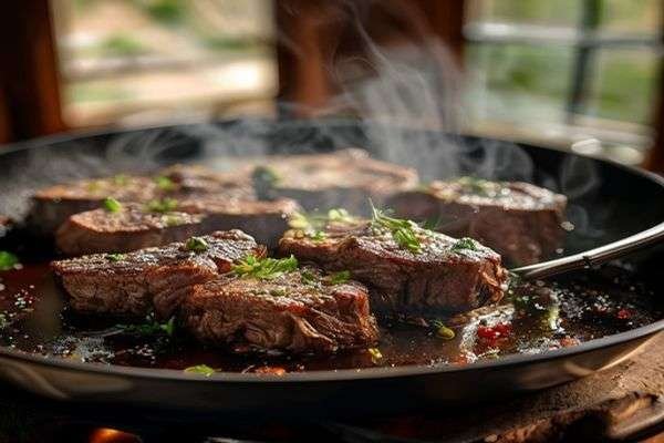 Seasoned beef cooking in a pan