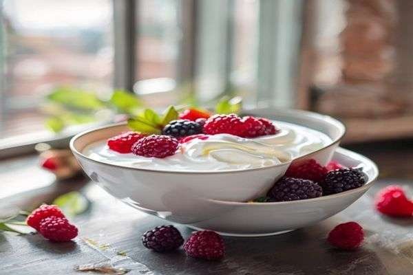 Fresh berries and a bowl of Greek yogurt