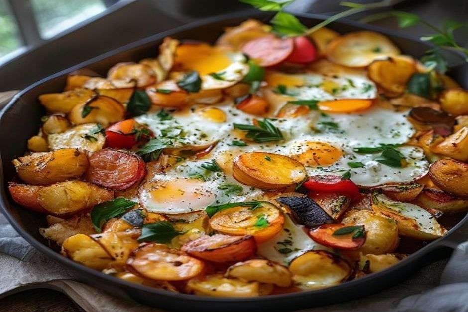 Sheet-pan breakfast hash with crispy potatoes, veg and eggs