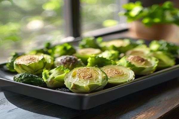 Halved Brussels sprouts on a tray