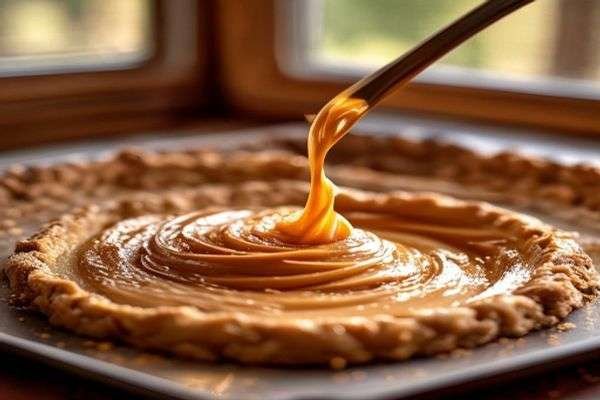 Caramel being swirled over blondie batter