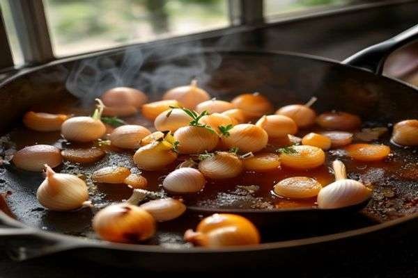 Onions caramelising in a pan