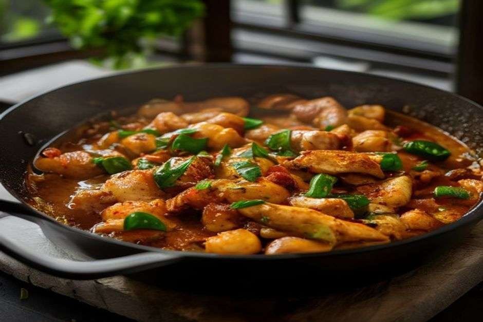 Chicken karahi in a skillet with ginger and green chilli