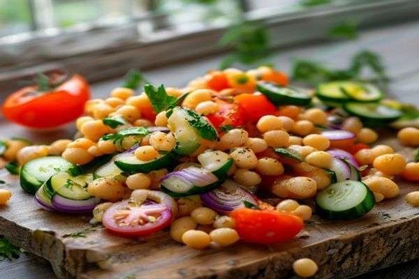 Chickpeas with chopped onion, tomato and cucumber