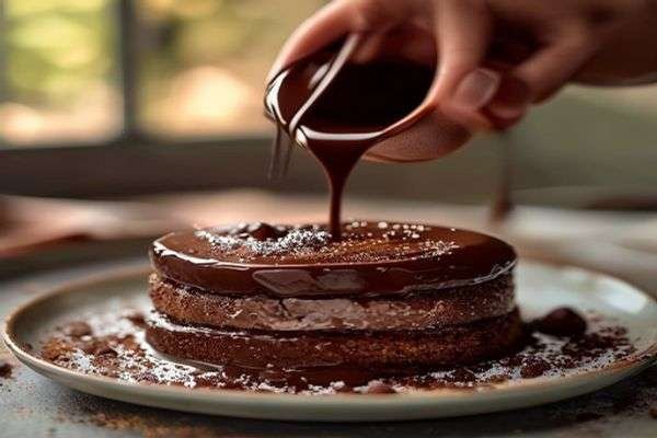 Thin chocolate cake batter being poured