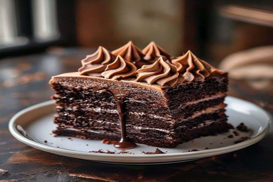 A slice of moist chocolate cake with chocolate frosting