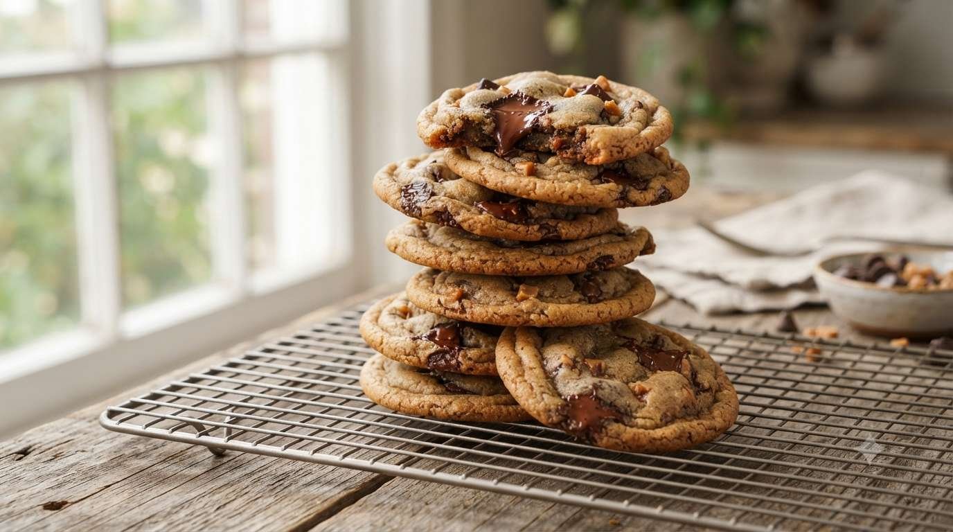 A stack of brown butter toffee chocolate chip cookies cooling on a rack