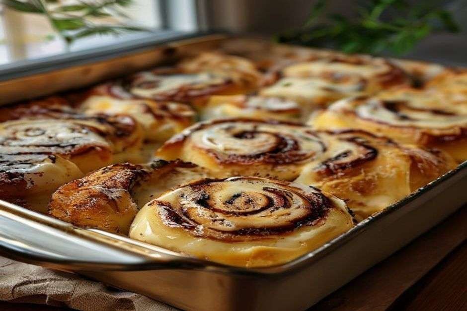 Overnight cinnamon rolls with cream cheese glaze in a baking dish