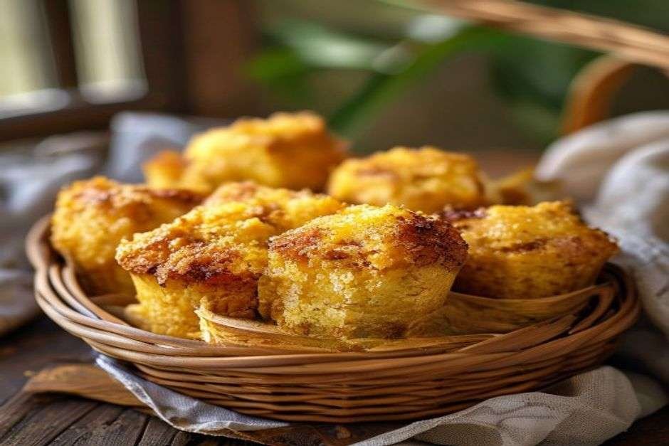 Golden cheddar cornbread muffins in a basket