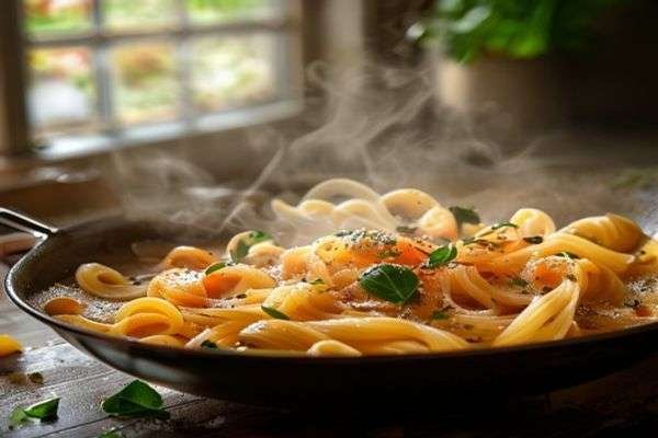 Creamy pasta simmering in a pan