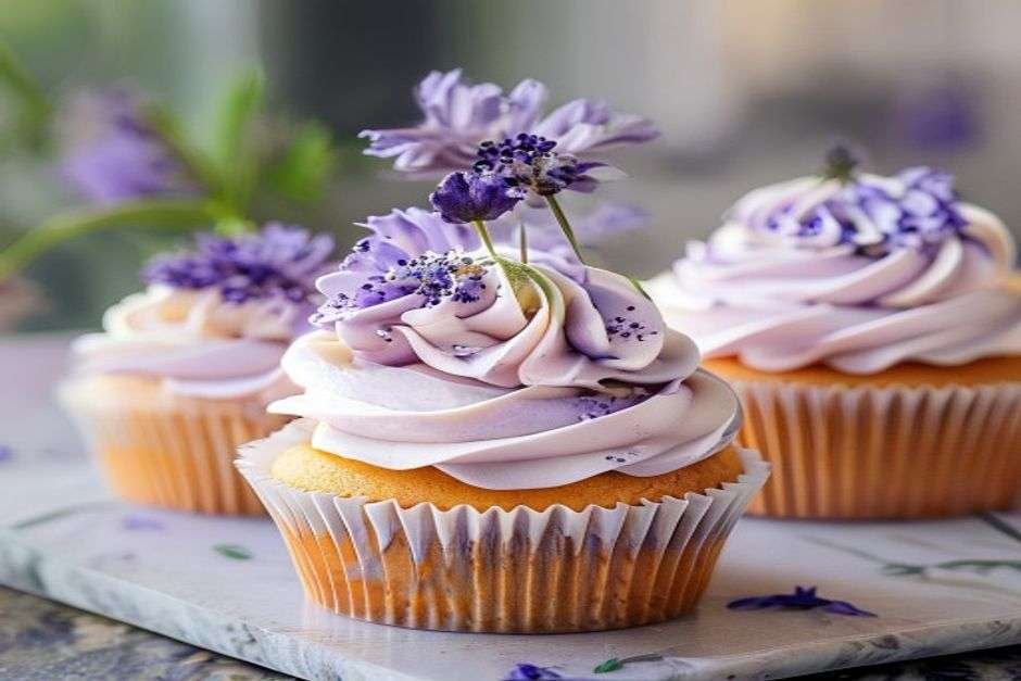 Earl grey lavender cupcakes with swirled buttercream and a dried flower