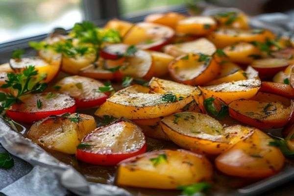 Diced potatoes and vegetables on a sheet pan