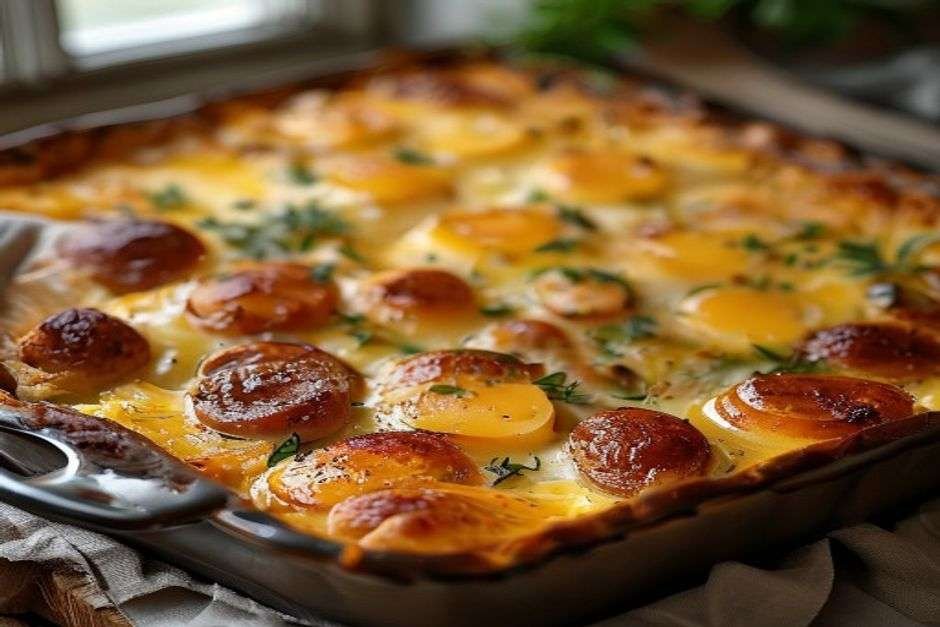 Sausage and cheddar egg casserole in a baking dish