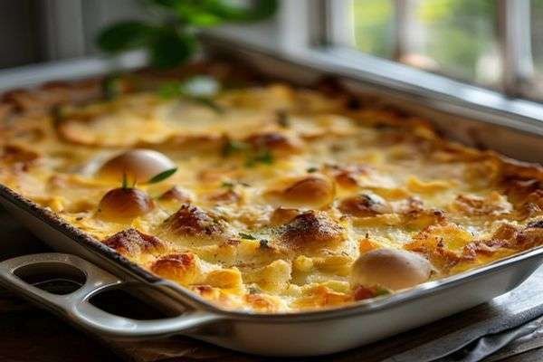 Assembled egg casserole ready to bake