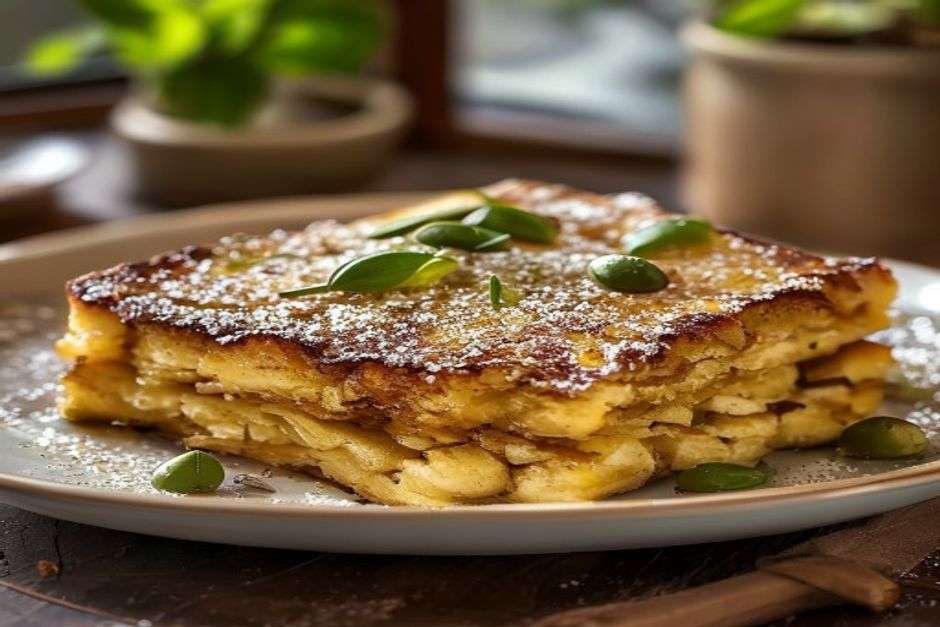 Cardamom French toast bake, golden and dusted with sugar