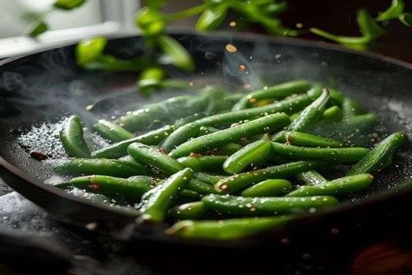 Green beans blistering in a pan