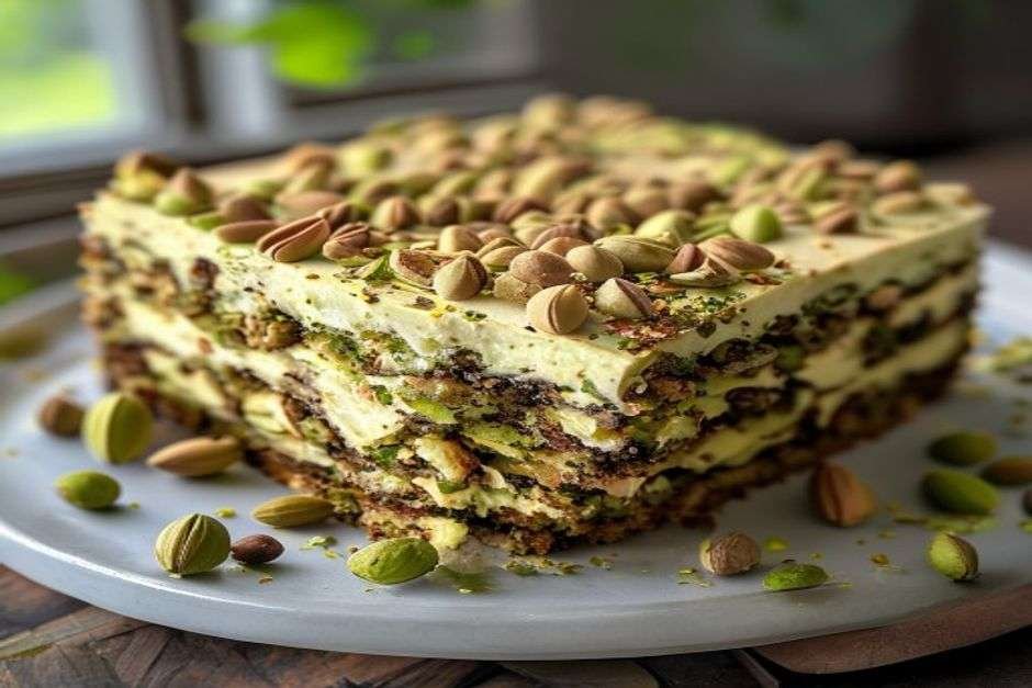 Cardamom pistachio sheet cake topped with chopped pistachios