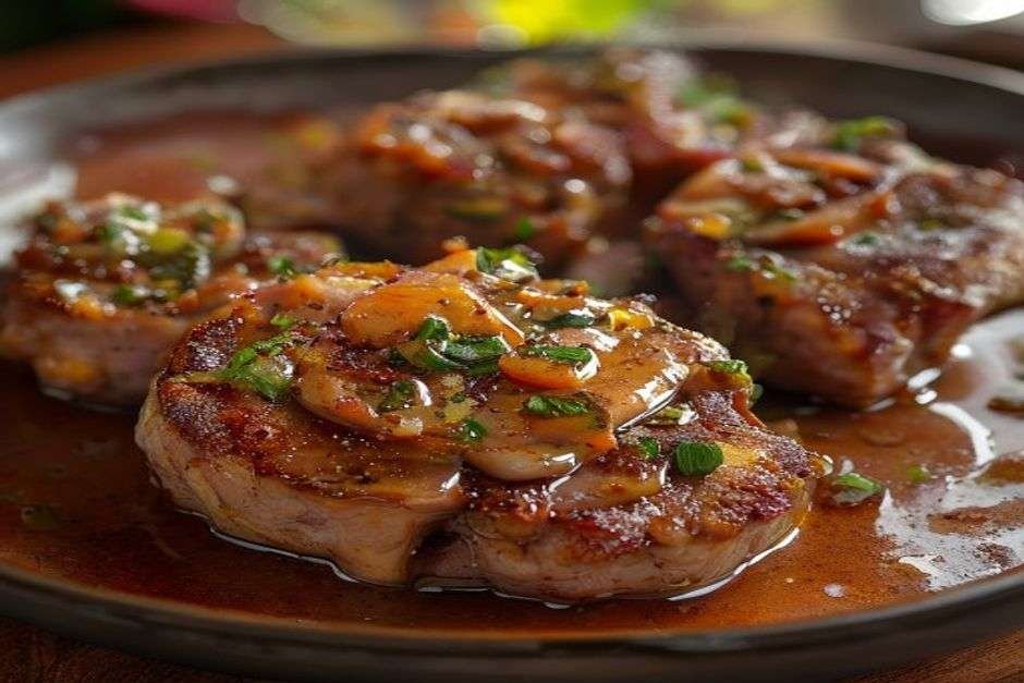 Pork chops smothered in caramelised onion gravy