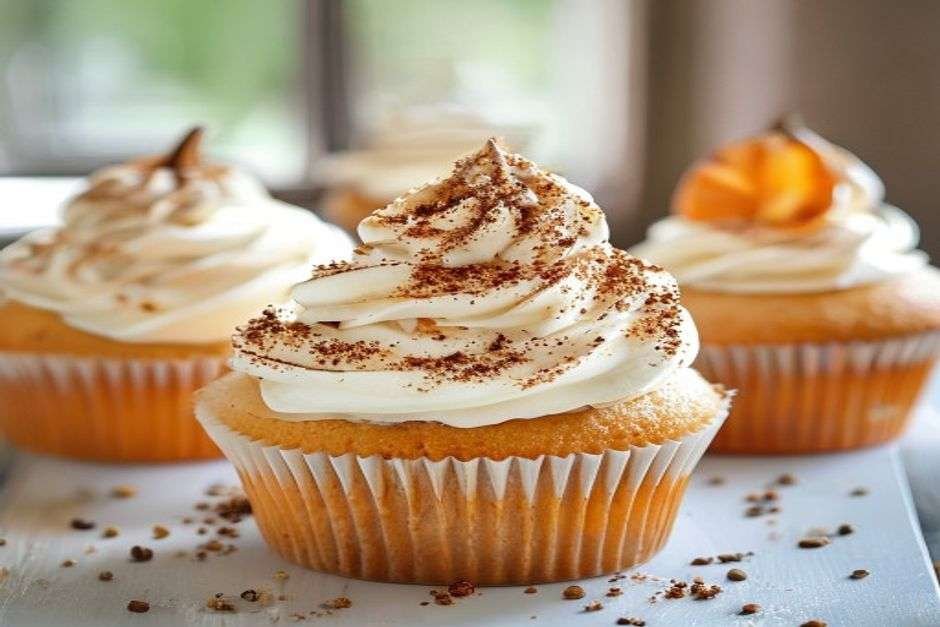 Pumpkin spice cupcakes with cream cheese frosting and a sprinkle of cinnamon