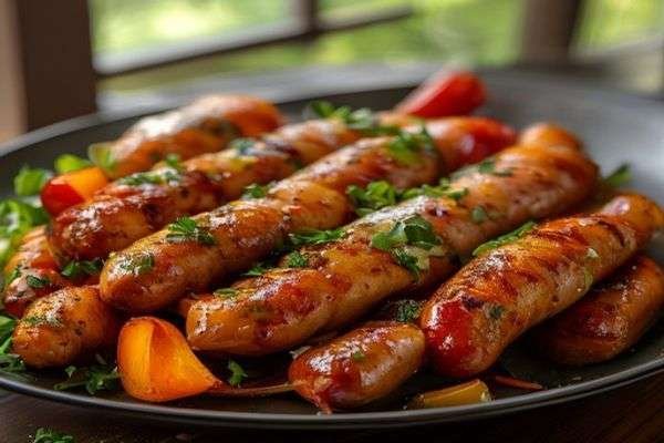 Golden roasted sausages and vegetables