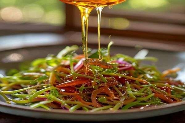 Honey being drizzled over roasted sprouts