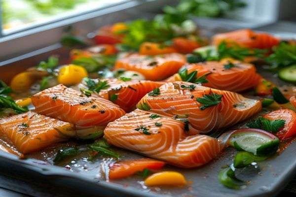 Salmon and vegetables on a sheet pan