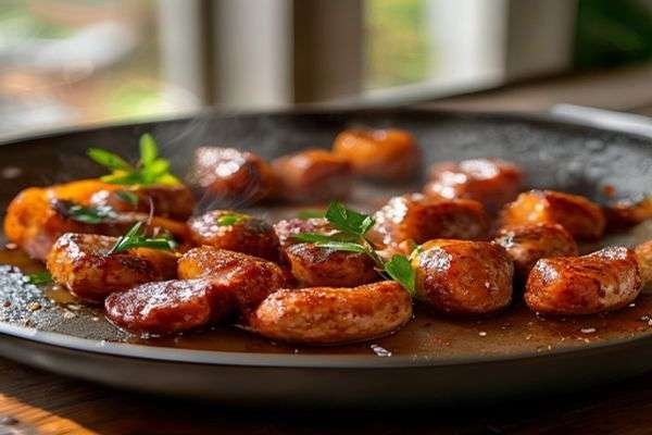Browned breakfast sausage in a pan
