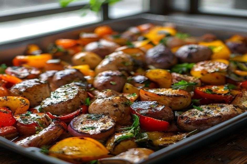 Sheet-pan sausage and roasted vegetables