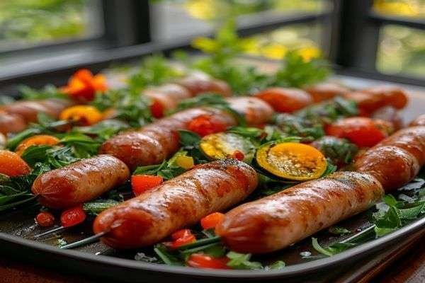 Sausages and chopped vegetables on a tray