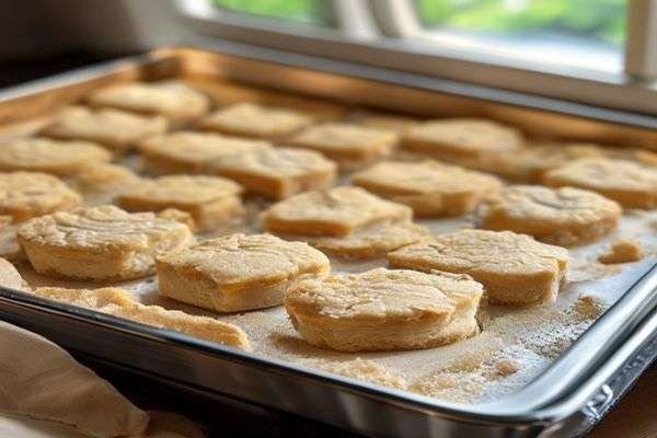 Almond shortbread dough pressed into a lined tin