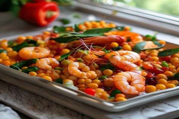 Shrimp, peppers and chickpeas on a tray