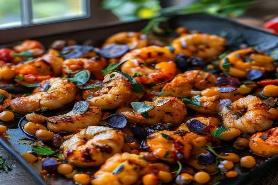 Harissa sheet-pan shrimp with peppers and chickpeas