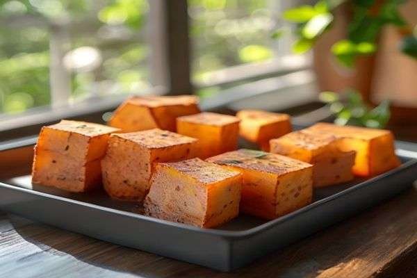 Cubed sweet potatoes on a tray
