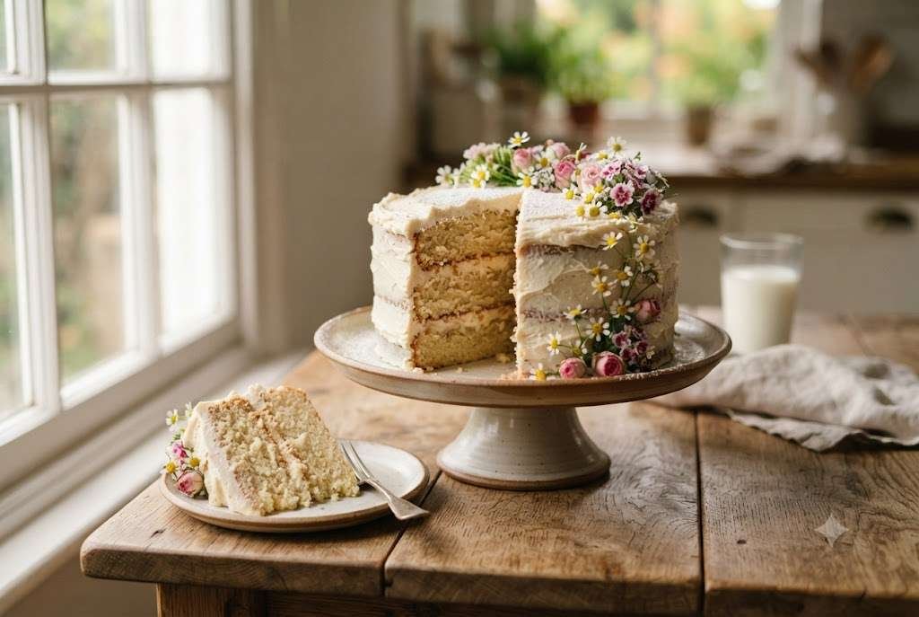 Moist one-bowl vanilla layer cake with buttercream