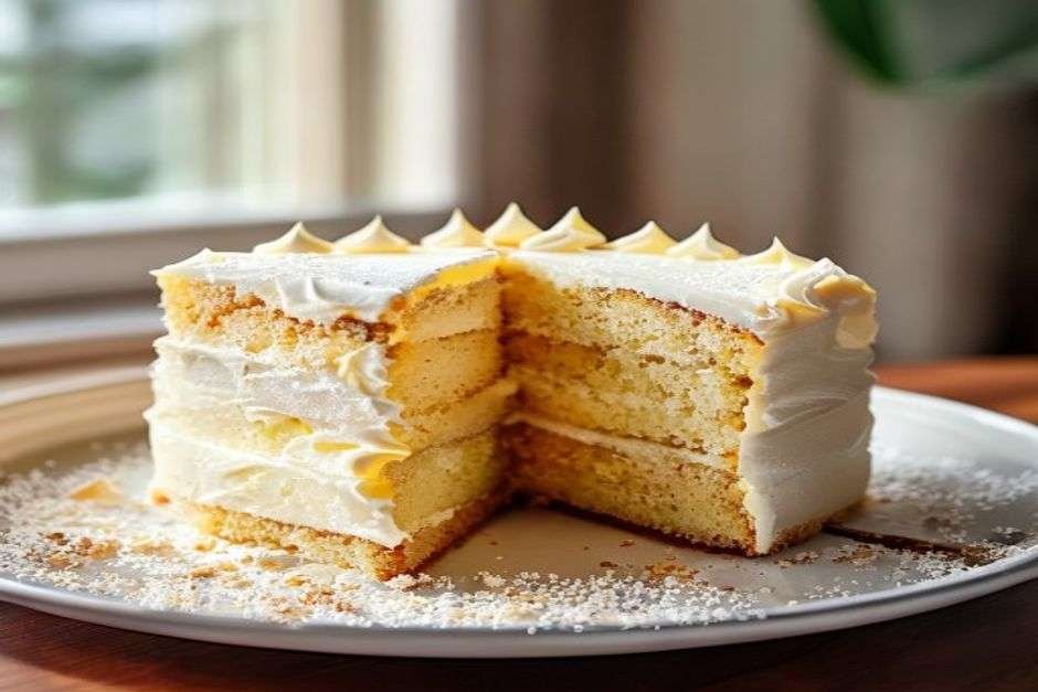 A frosted vanilla layer cake with a slice removed showing tender crumb