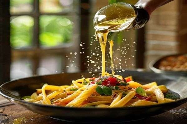 Italian vinaigrette being poured over pasta