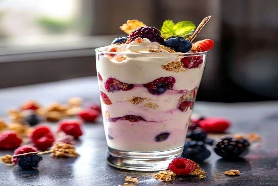 Greek yogurt parfait layered with berries and granola in a glass
